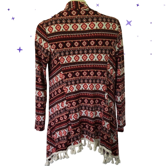 LA ROPAS Flowy Tassled Aztec Native Design Long Sleeve Kimono Red Cream Medium - Picture 4 of 9